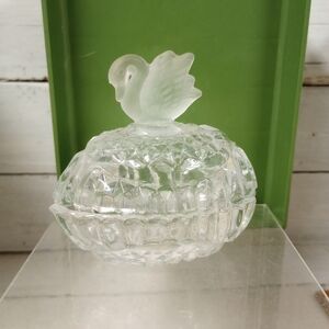 Vintage Clear Cut Glass Egg Shaped Trinket Box Frosted Swan Vanity Table